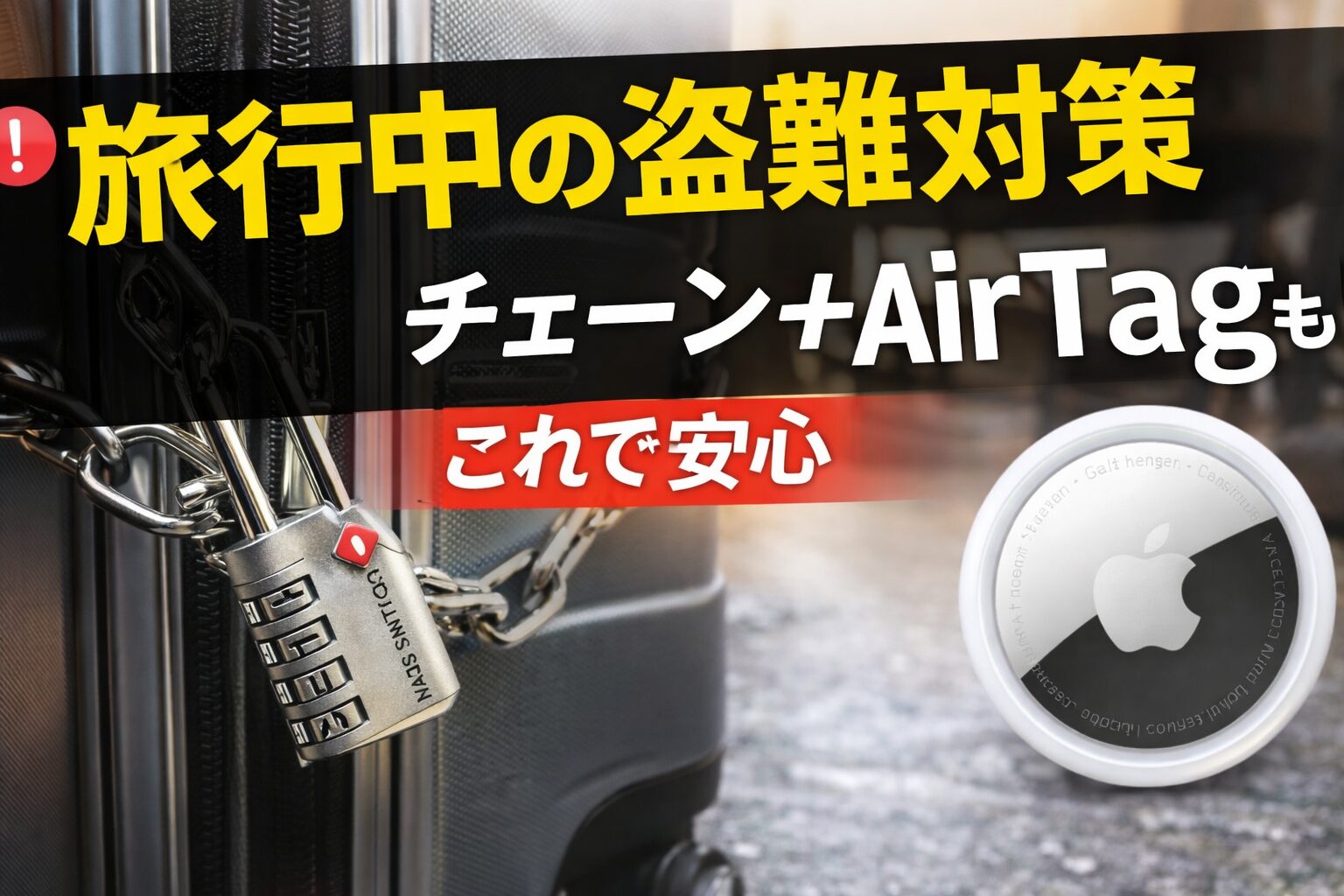 ホテルでのスーツケース盗難対策としてチェーンと南京錠で固定した防犯セットのイメージ