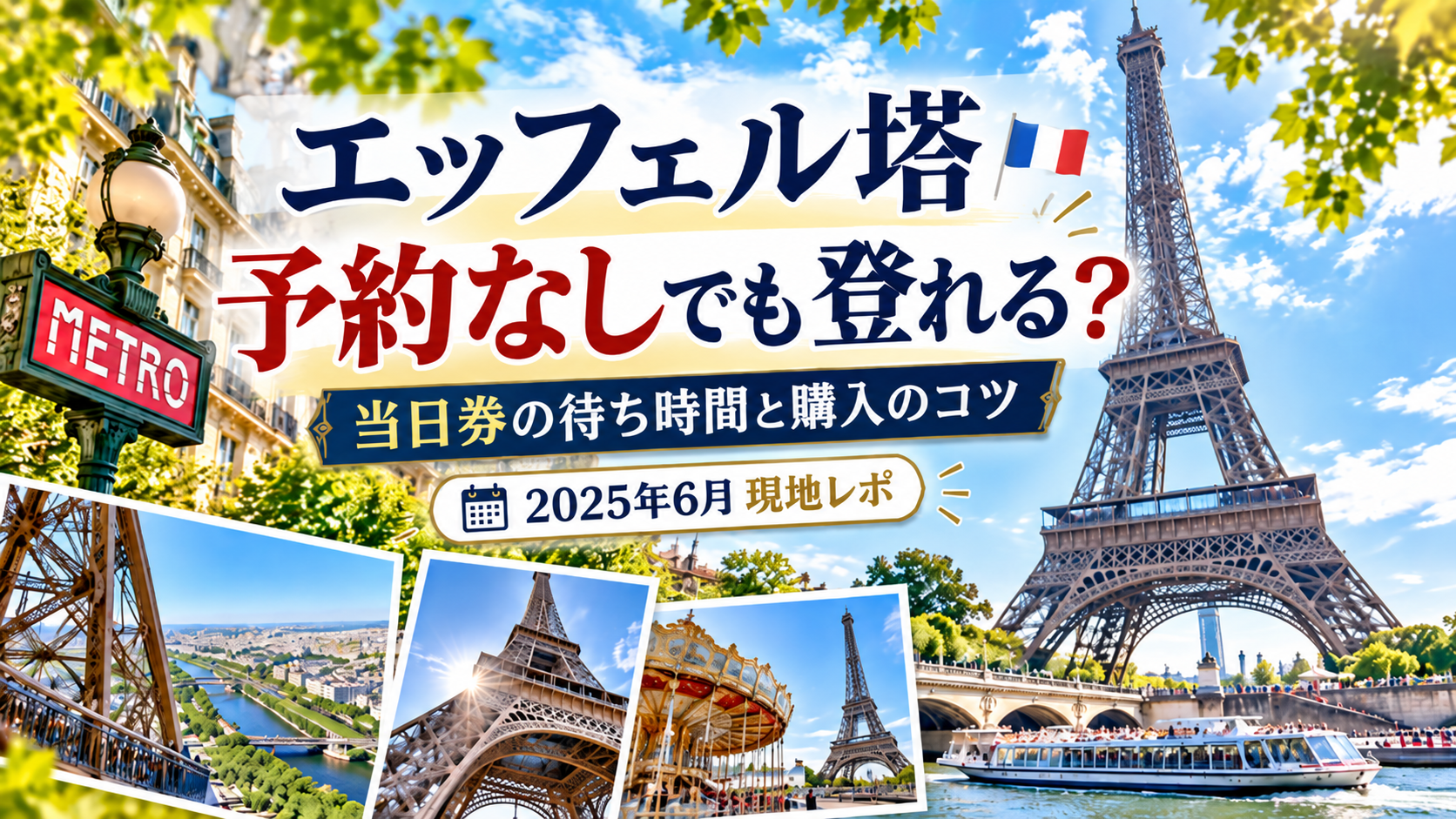 青空の下にそびえるエッフェル塔を背景に、「予約なしでも登れる？ 当日券の待ち時間と購入のコツ」と書かれたアイキャッチ画像。2025年6月の現地体験を紹介。