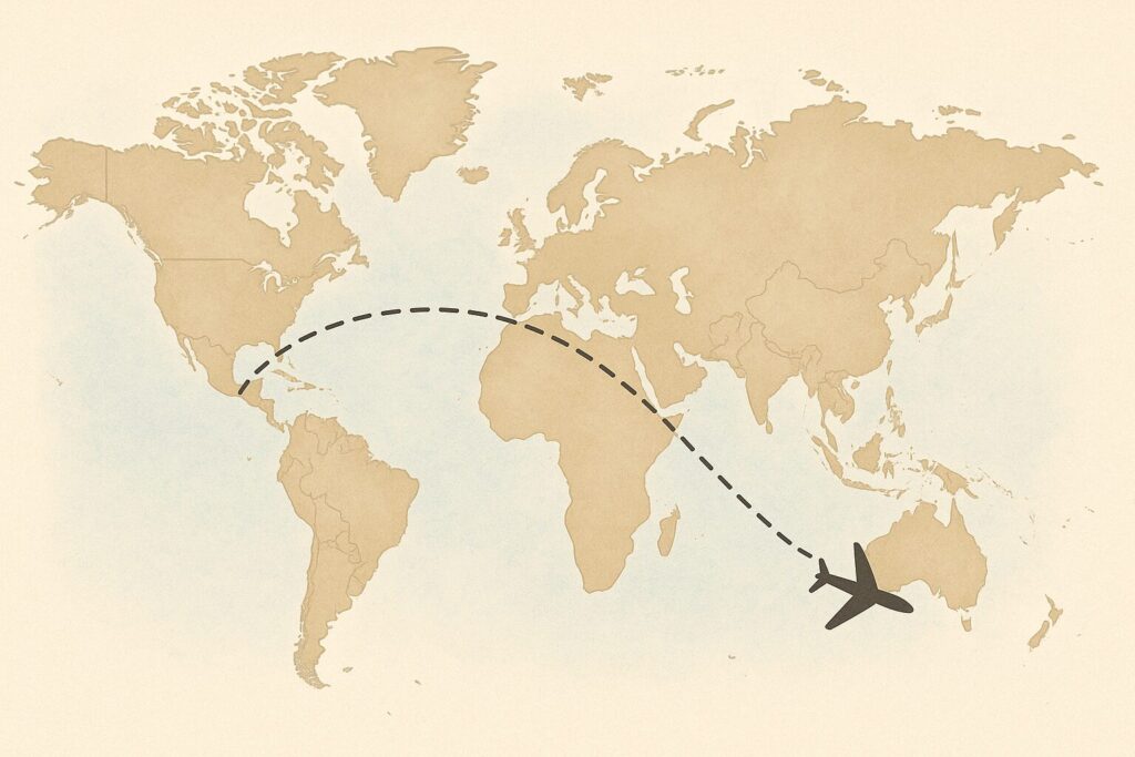 世界地図の上を飛ぶ飛行機のイラスト。退職後の海外旅行をイメージした航路ライン入り。