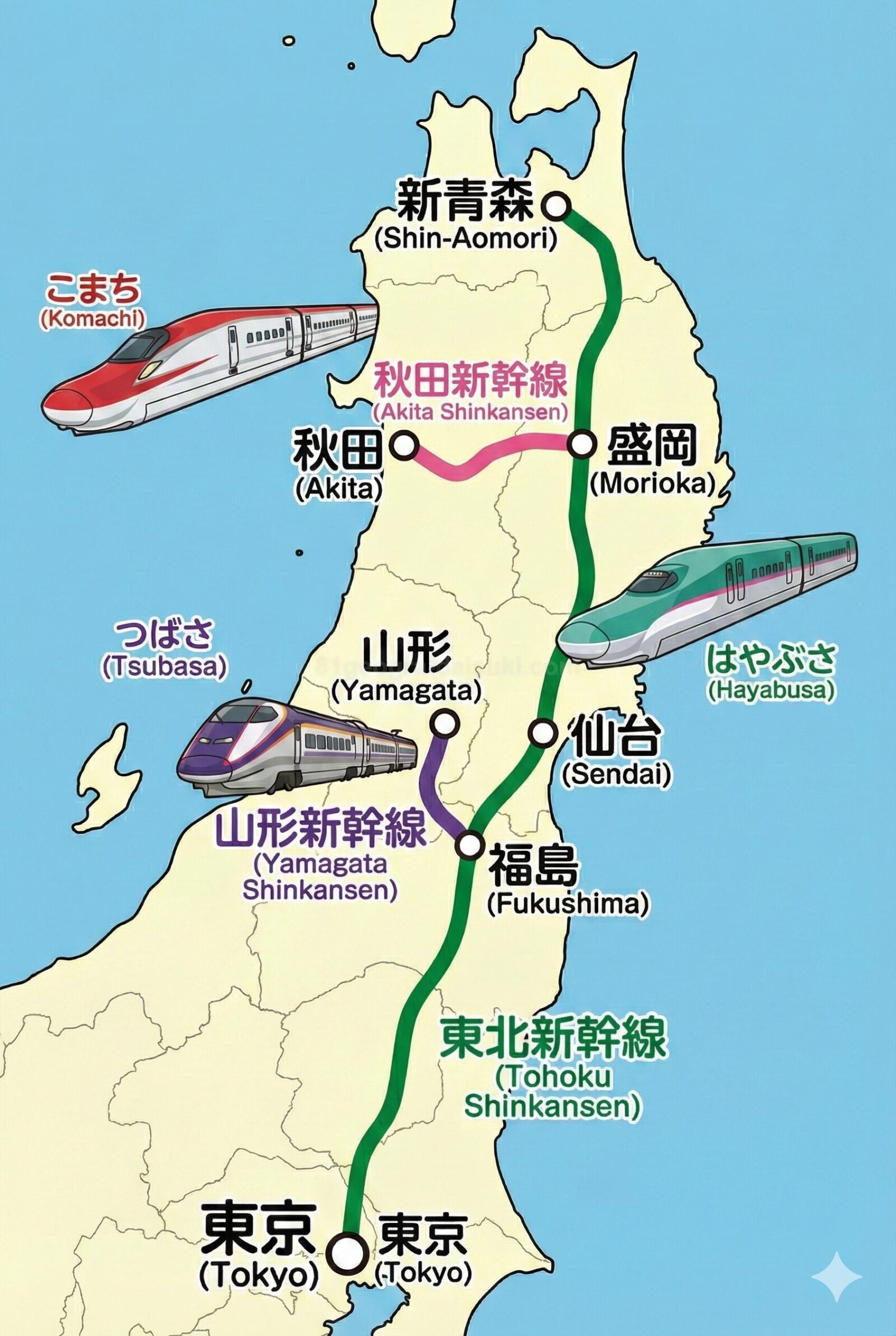 東京から青森、秋田、山形へ向かう東北新幹線の路線図イラスト。主要な停車駅の位置関係がわかります。 Route map of the Tohoku Shinkansen from Tokyo.