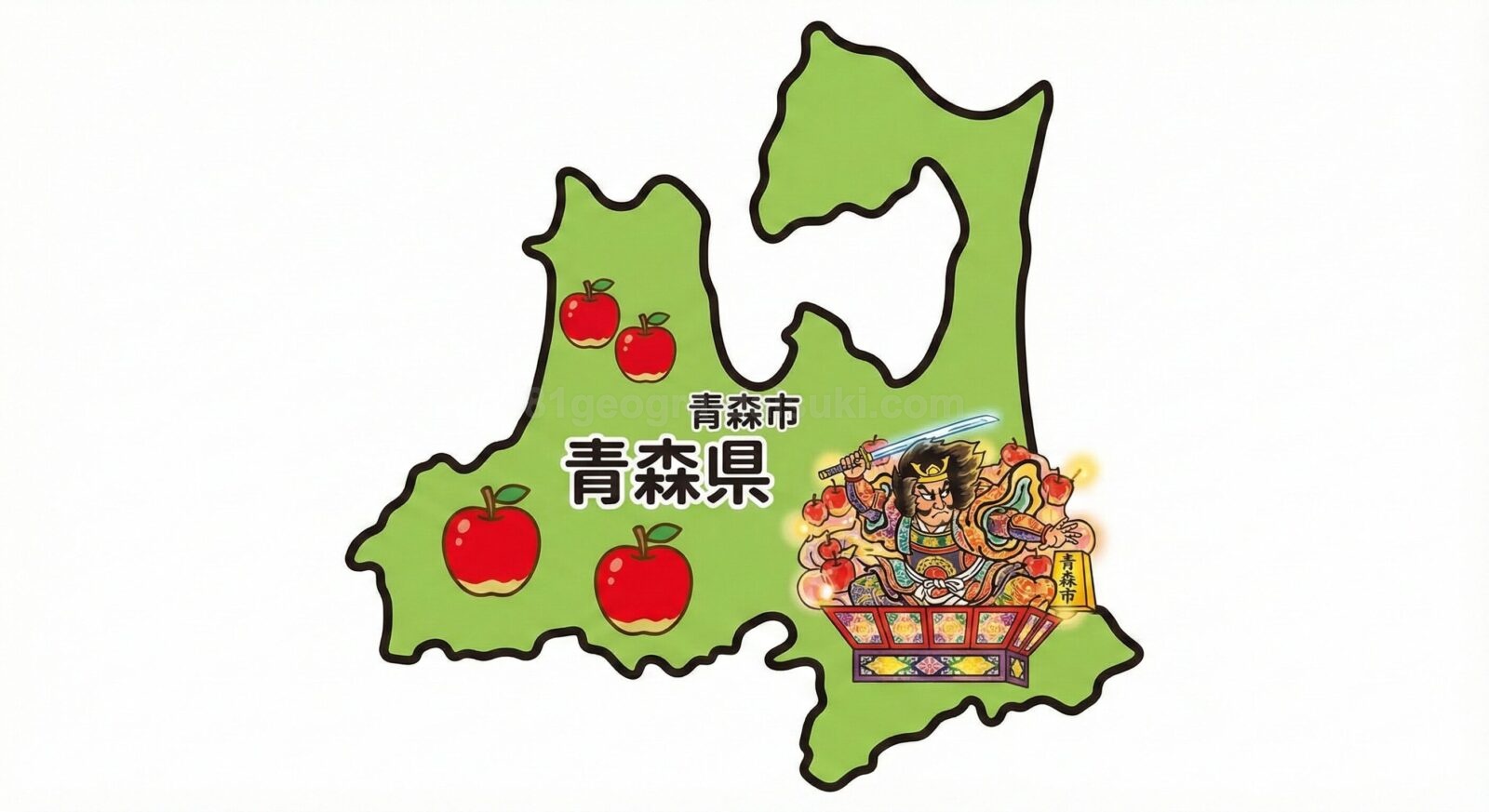 青森県のイラスト地図。東北地方の一番北に位置しています。 Map of Aomori Prefecture.