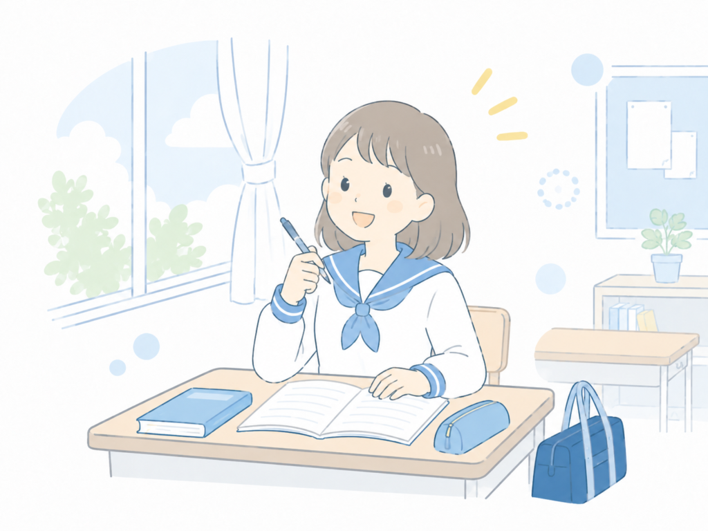 日本の学校で笑顔で学ぶ女子中学生のイラスト