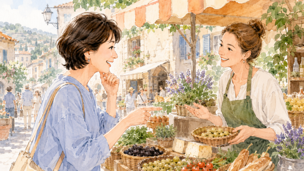 海外旅行先で市場の女性と買い物時に楽しげに話している女性の様子