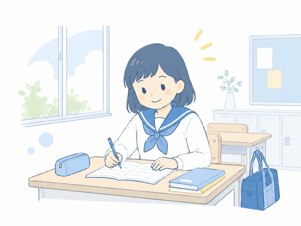 学校でノートに予定を書く女子中学生のイラスト