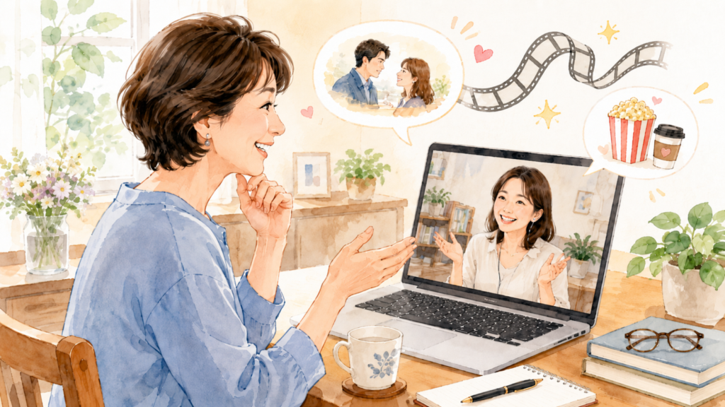 オンライン英会話で30代女性講師と映画の話で盛り上がる様子