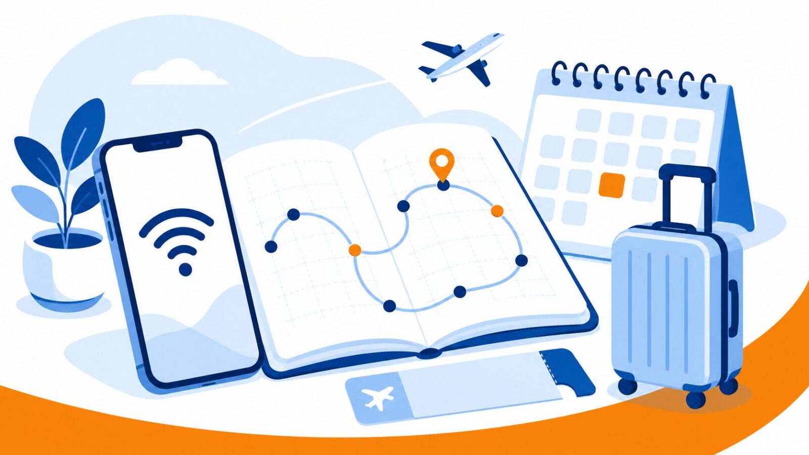長期旅行に備えて、スマートフォンと旅程ノートを使いeSIMを調べるイラスト