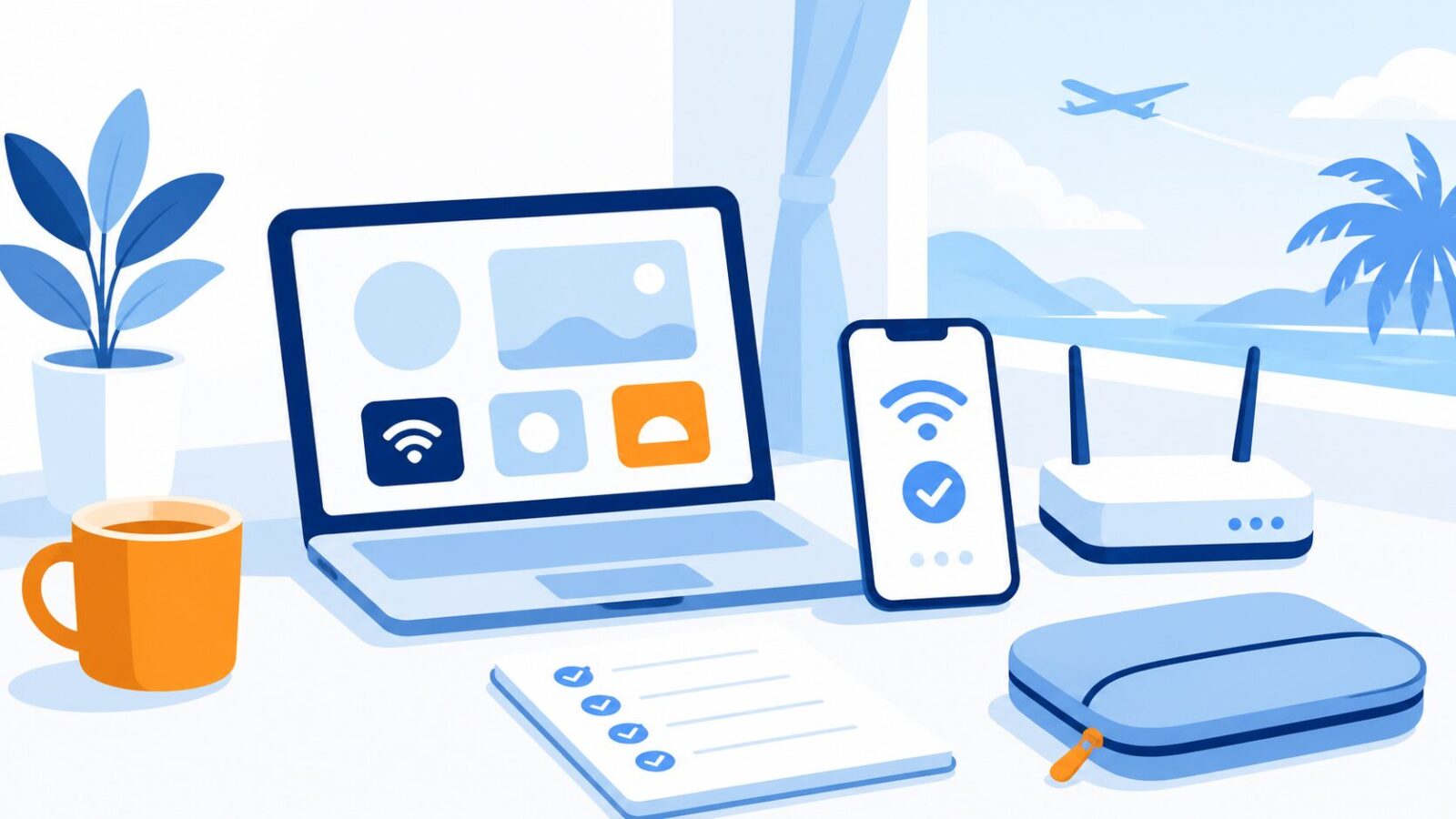自宅のWi-Fiでパソコンとスマートフォンを使いeSIMを準備するイラスト