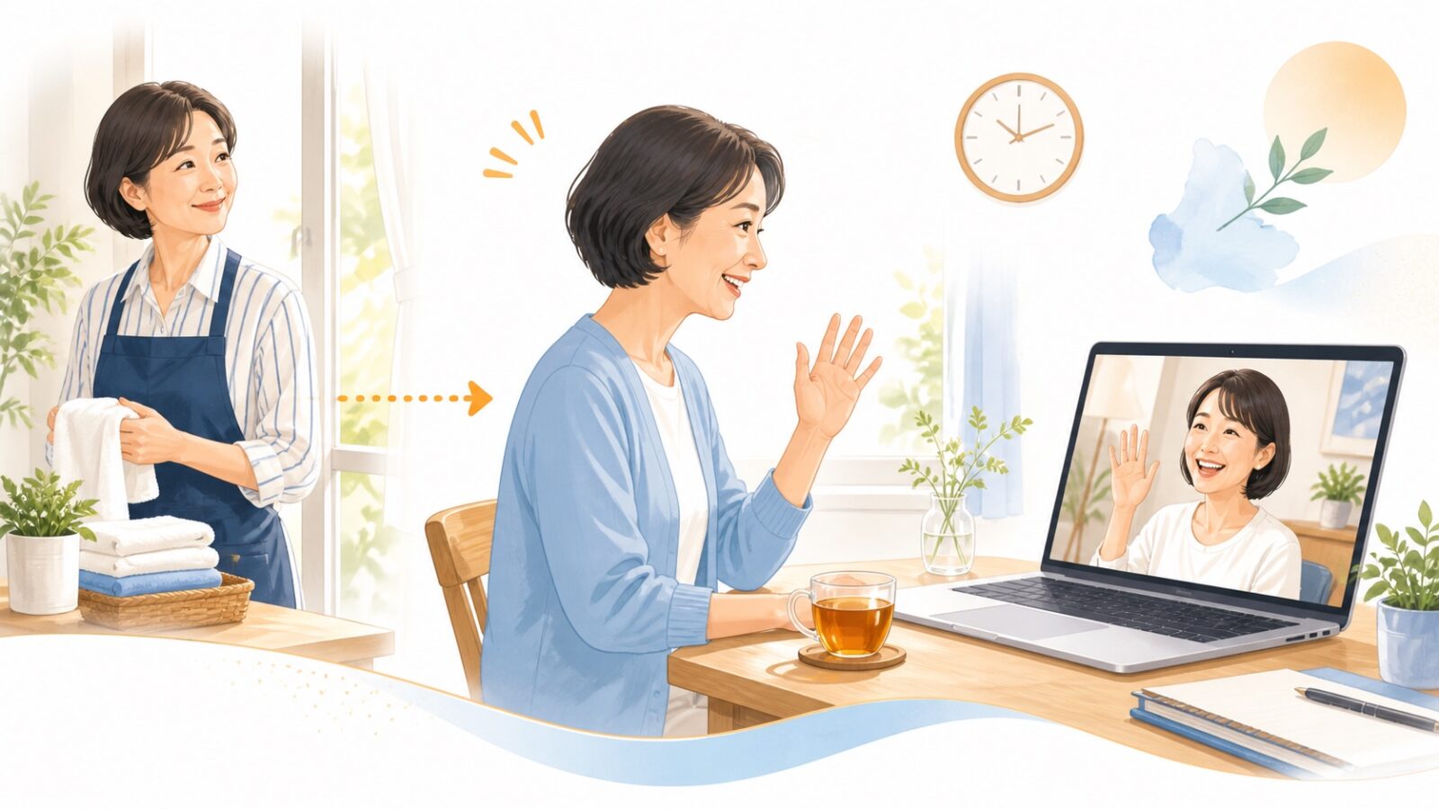 朝の家事を終えてオンライン英会話で笑顔になる60代女性の図解