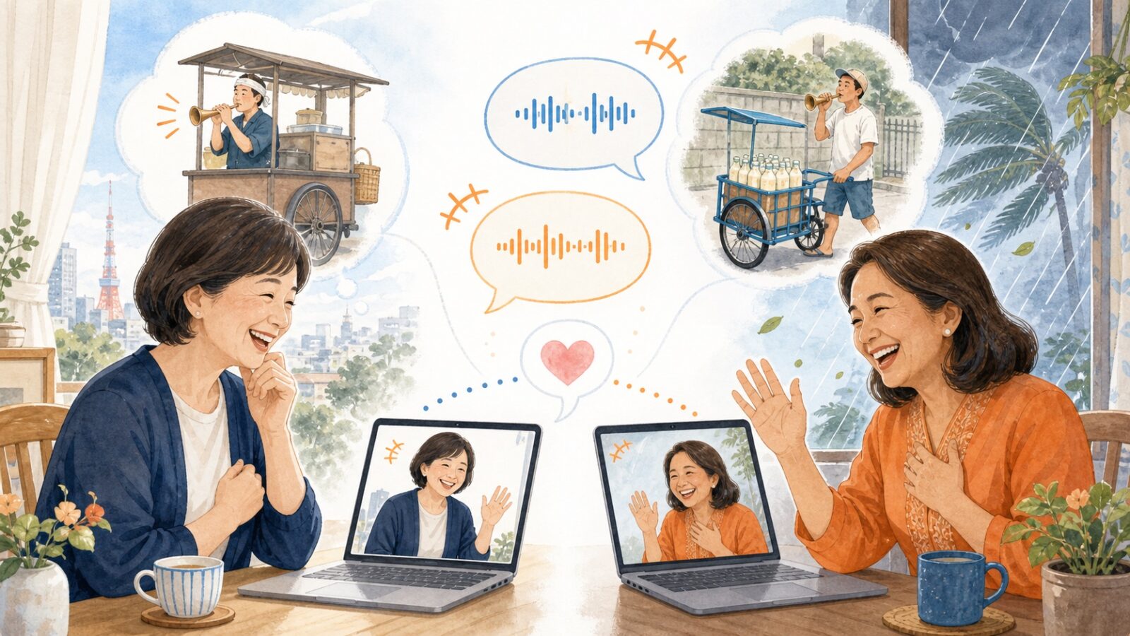 東京の豆腐屋のラッパとフィリピンの飲料販売の思い出を語り合う同年代女性の図解